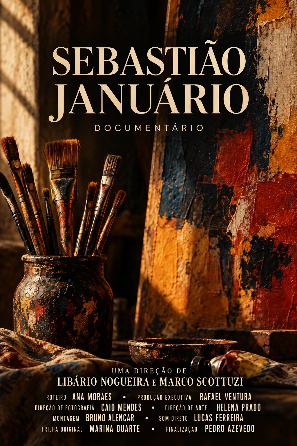 Arte conceitual para Sebastião Januário: pincéis e texturas de pintura em um ateliê